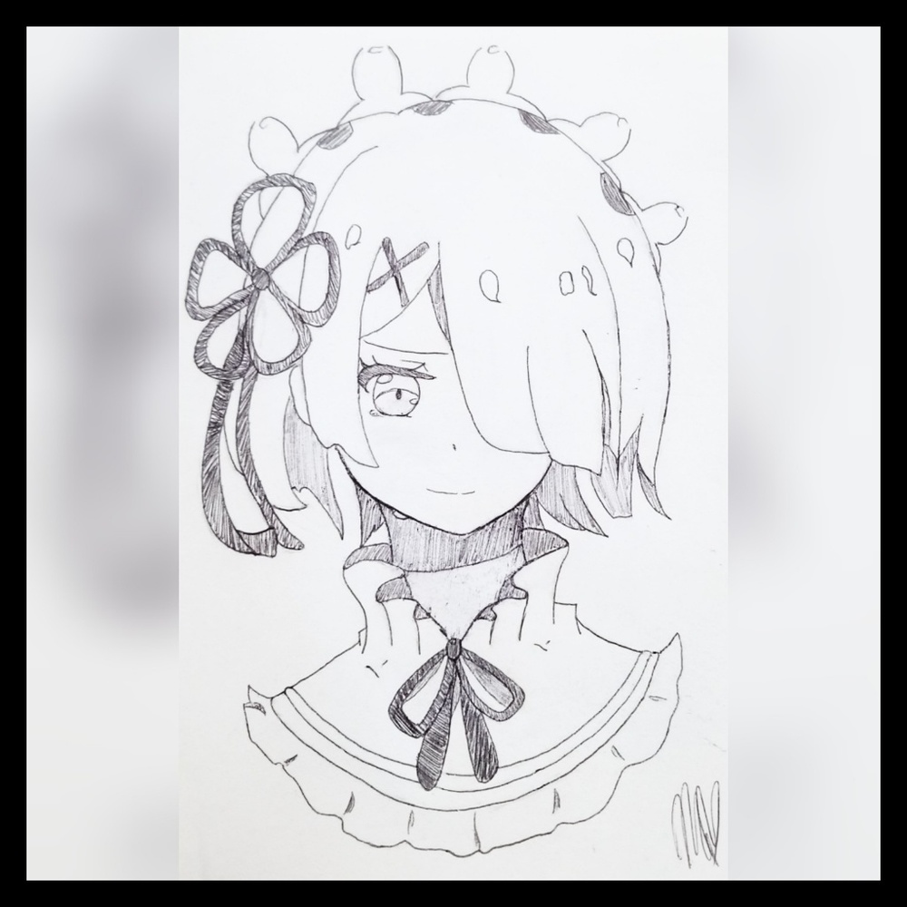 Rem from re:zero ball point pen lineart drawing